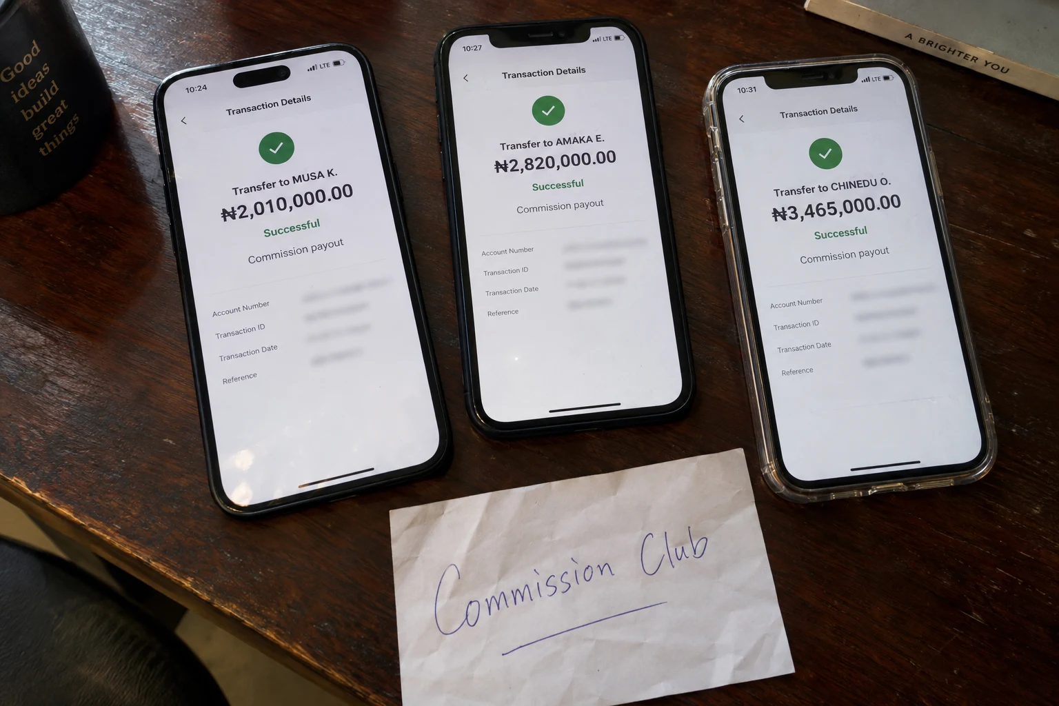 Three iPhones displaying commission alerts beside a handwritten Commission Club note
