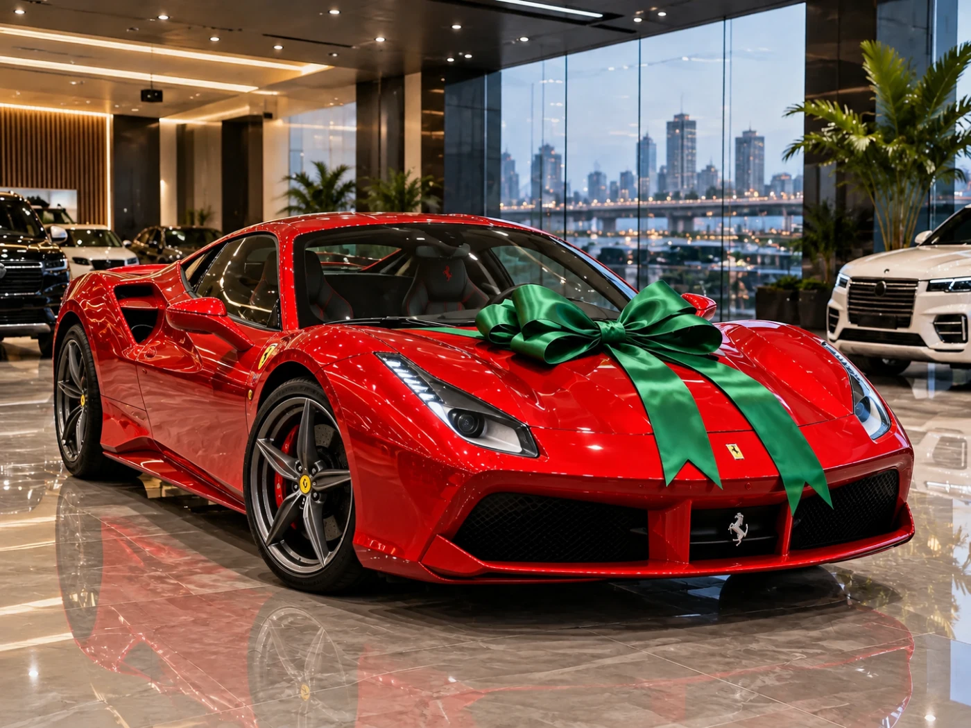 Red Ferrari with a green gift bow in the dealership
